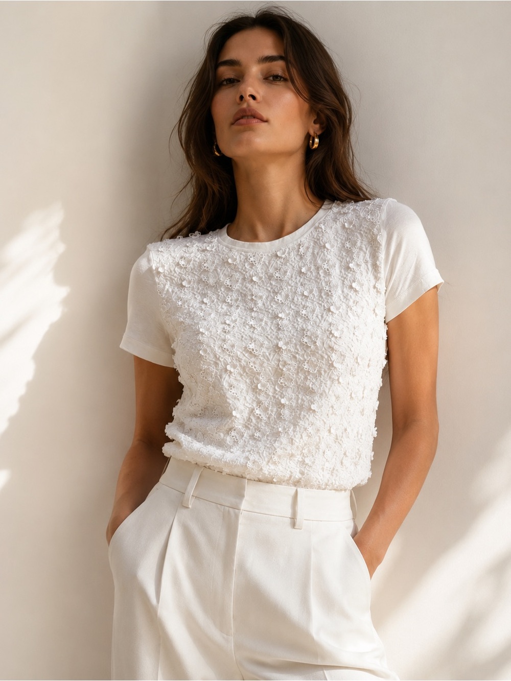 Preowned Authentic Louis Vuitton White Textured Short-Sleeve Top Size Medium